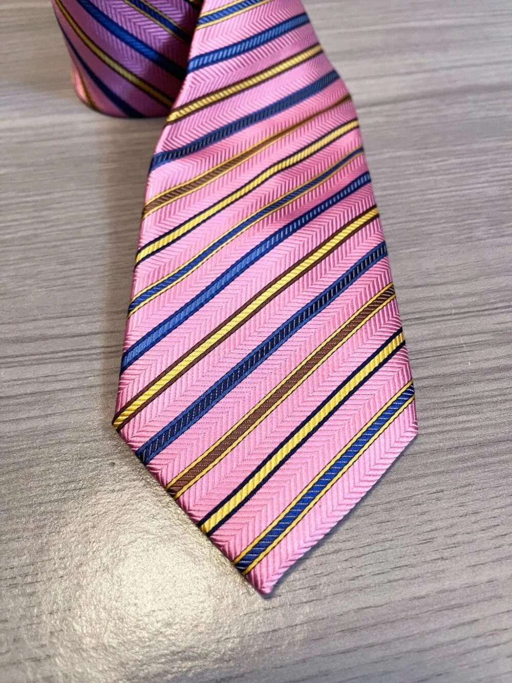 True Forum Pink Blue Gold Striped 100% Silk Men's Necktie Classic Business Tie
